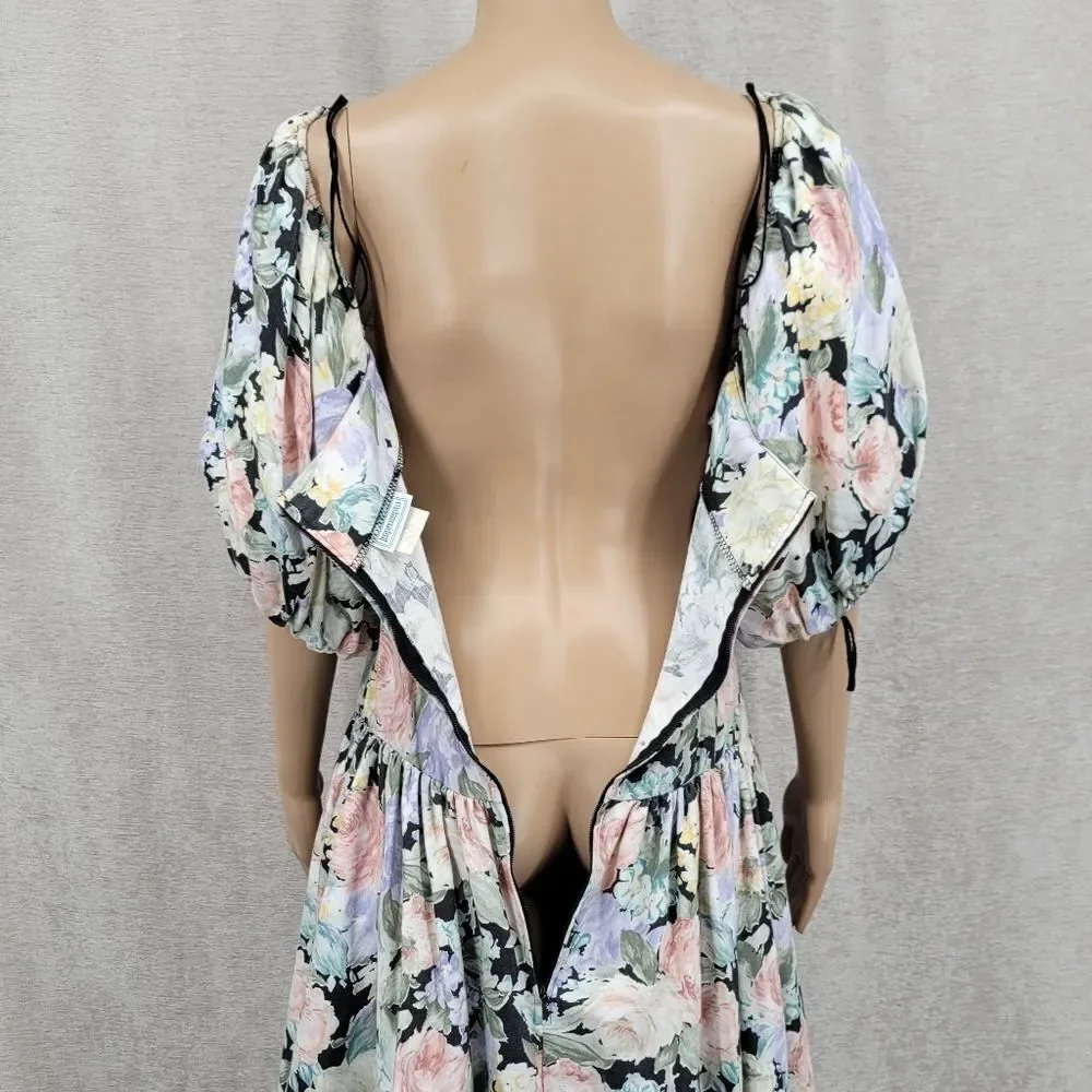 Impromptu 80s Vintage Floral Prom Puff Sleeve Dress Fitted Bodice